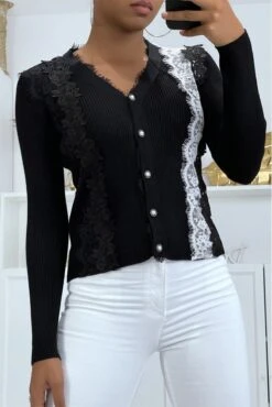 Magnifique Gilet Noir Avec Dentelle Et Broderie Blanc Et Noir