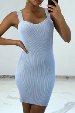 Petite Robe Côtelée Bleu Ciel Moulante à Décolleté Carré