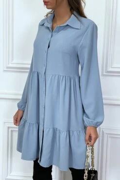 Robe Chemise Bleu à Volant Et Boutons