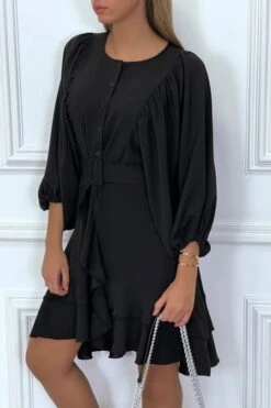 Robe Chemise Noire Avec Manches Bouffante Volants Et Ceinture