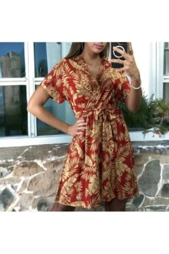 Robe Croisé Motif Feuilles Orange