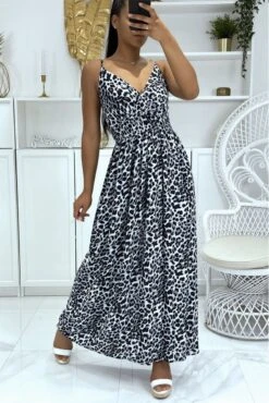 Robe Longue Cache-coeur Motif Léopard Noir