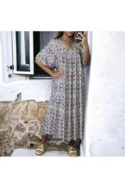 Robe Longue Over Size Bleu Et Doré à Motif Fleuris