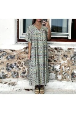 Robe Longue Over Size Vert Et Doré à Motif Fleuris