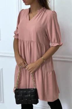 Robe Tunique Rose à Volant à Manches Courtes