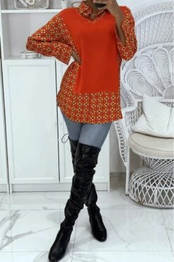 Robe Tunique Rouge Col Chemise Avec Joli Motif