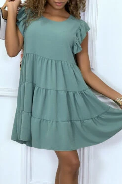 Robe Vert D'eau Froncée à Volant Et Coupe évasée