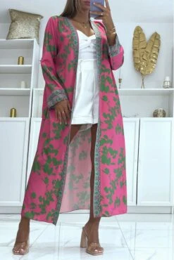 Sublime Kimono En Soie Avec Motif Fuchsia Et Pistache