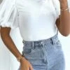 T-shirt Blanc à Manches Courtes Bouffantes