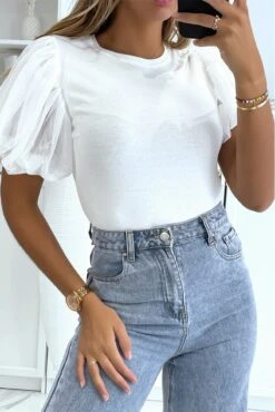 T-shirt Blanc à Manches Courtes Bouffantes