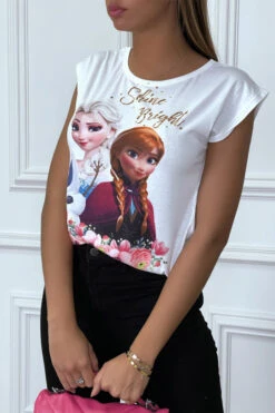 T-shirt Blanc à Motif Personnage Dessin Animé Et Fleurs