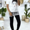 T-shirt Blanc Avec Dessin Strass Et Dentelle