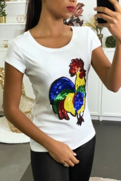 T-shirt Blanc Avec Motif Coq En Strass