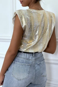 T-shirt Doré Blanc Brillant Motif Python Avec épaulettes Et écriture WHOOPS