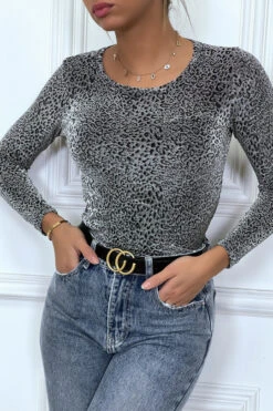 T-shirt Léopard Argenté à Manches Longues