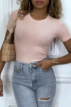 T-shirt Moulant Rose à Manches Courtes, Col Rond