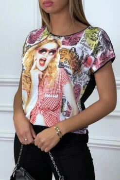 T-shirt Noir à Motif Femme Vichy Et Strass