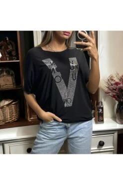 T-shirt Over Size En Coton Noir Avec Motif V Inspi En Strass