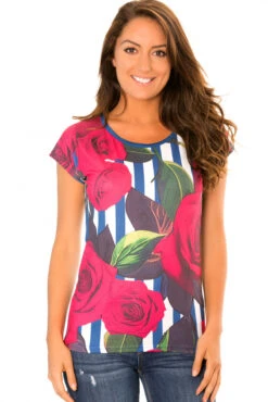 Tee Shirt Fluide à Rayure Bleu Marine, Blanc à Motif Fleurs - MC1664