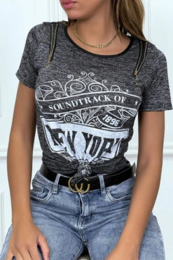 Tee Shirt Noir Imprimé Avec Fermeture Eclair