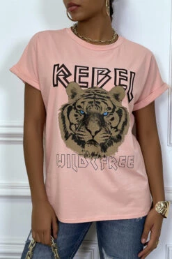 Tee-shirt Rose Ample Avec écriture REBEL Et Tête De Lion