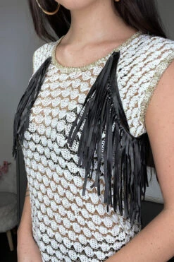 Top Beige à Frange Et Dorure Effet Transparent