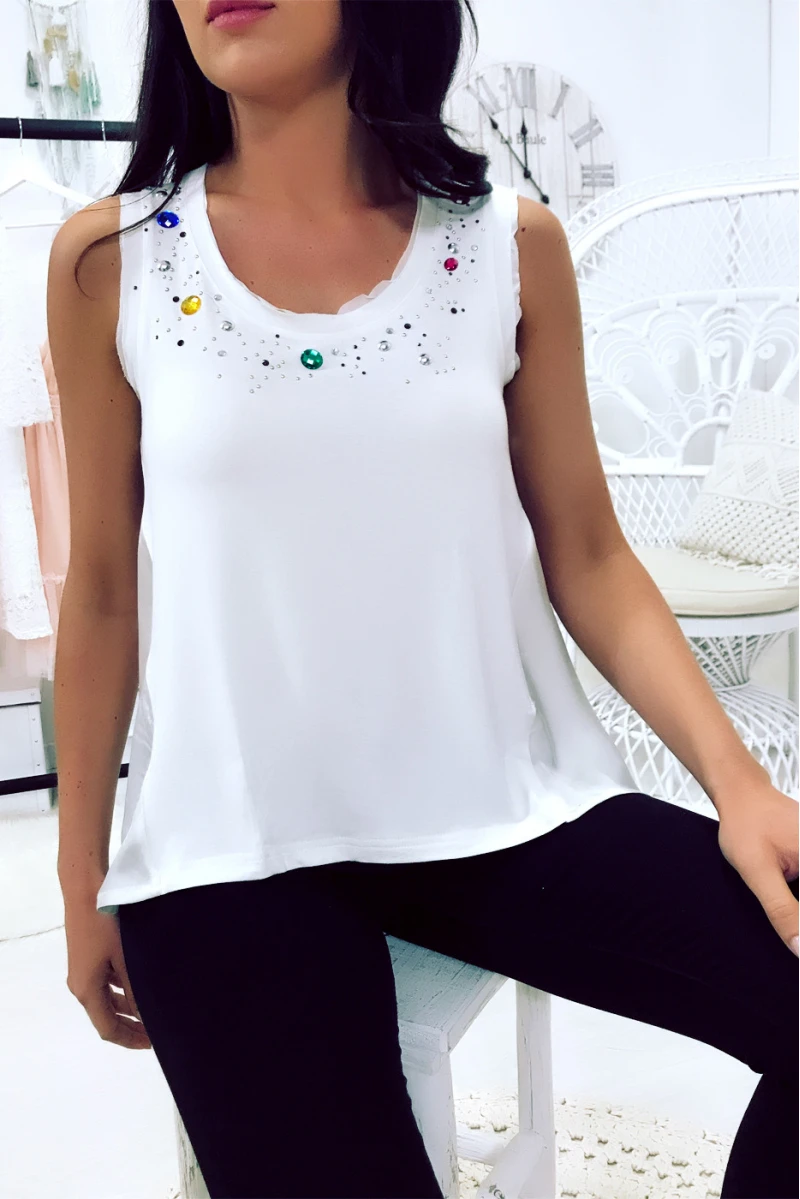Top Blanc Bi Matière Avec Strass Sur Encolure. Dos Plus Long. Top Femme. 18811 – Image 7