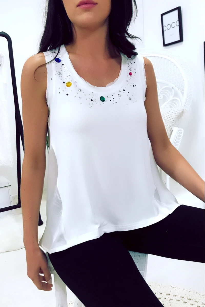 Top Blanc Bi Matière Avec Strass Sur Encolure. Dos Plus Long. Top Femme. 18811 – Image 9
