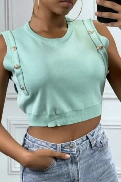Top Debardeur Court Vert Turquoise Avec Boutons Dorée