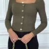 Top Kaki Côtelé à Col Plongeant Et Boutons Dorés Fantaisies