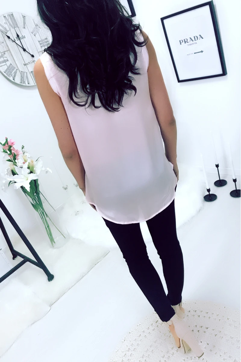 Top Rose Bi Matière Avec Strass Sur Encolure. Dos Plus Long. Top Femme. 18811 – Image 2