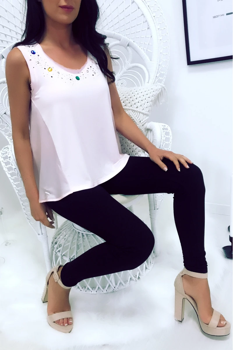 Top Rose Bi Matière Avec Strass Sur Encolure. Dos Plus Long. Top Femme. 18811 – Image 3