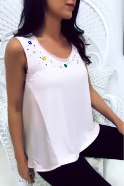 Top Rose Bi Matière Avec Strass Sur Encolure. Dos Plus Long. Top Femme. 18811