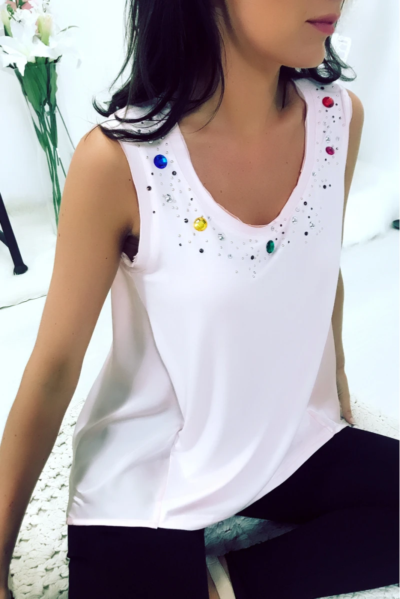 Top Rose Bi Matière Avec Strass Sur Encolure. Dos Plus Long. Top Femme. 18811 – Image 4