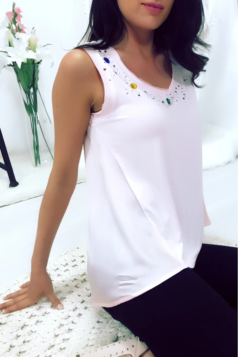 Top Rose Bi Matière Avec Strass Sur Encolure. Dos Plus Long. Top Femme. 18811 – Image 5