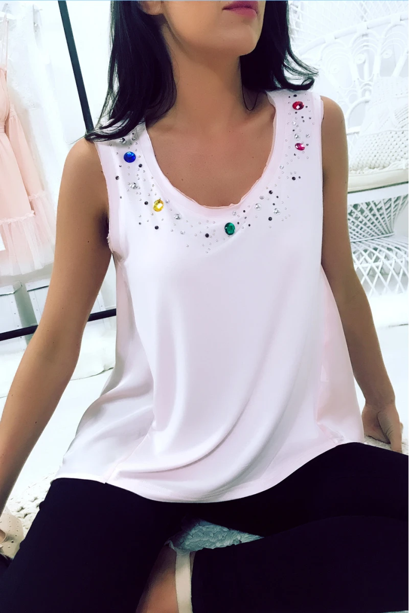 Top Rose Bi Matière Avec Strass Sur Encolure. Dos Plus Long. Top Femme. 18811 – Image 7