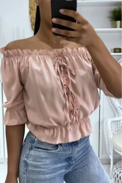 Top Rose élastique à La Taille Et Au Niveau Des épaules Avec Jolis Lacets Croisés à L'avant