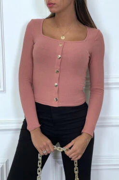 Top Rose Foncé Côtelé à Col Plongeant Et Boutons Dorés Fantaisies